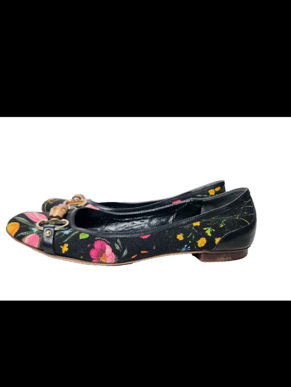 Gucci Floral Flats Horse-bit Leather Fabric Black Shoes Bamboo Detail Italy9.5 B - Picture 10 of 15